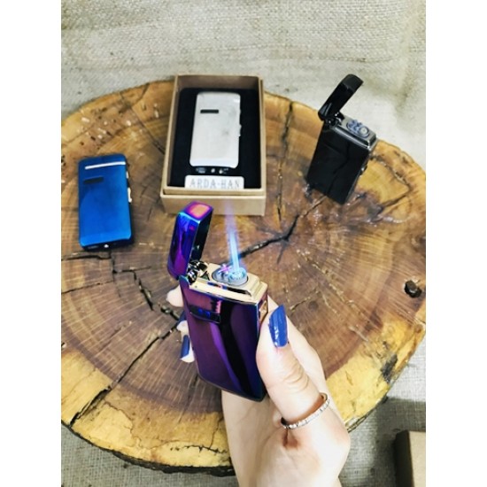 Hem Şarjlı Hem Gazlı Çakmak Göstergeli Işık Panolu USB Çakmak- Mavi