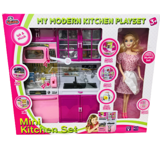 Oyuncak Barbie Bebek Ve 3'lü Mutfak Seti PİLLİ OYUNCAK MUTFAK SETİ VARDEM